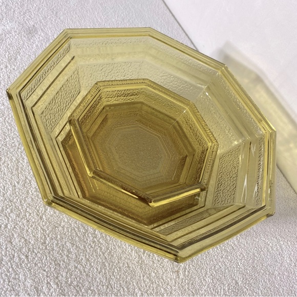 Vintage Anchor Hocking Textured Amber Glass Octagonal Chip & Dip Bowl Set - Picture 4 of 14